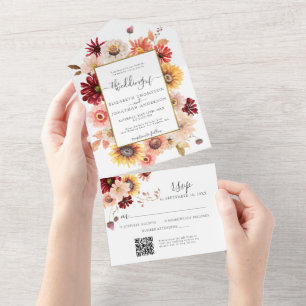 Fall Burgundy Dahlia Floral Dourada QR RSVP Casame