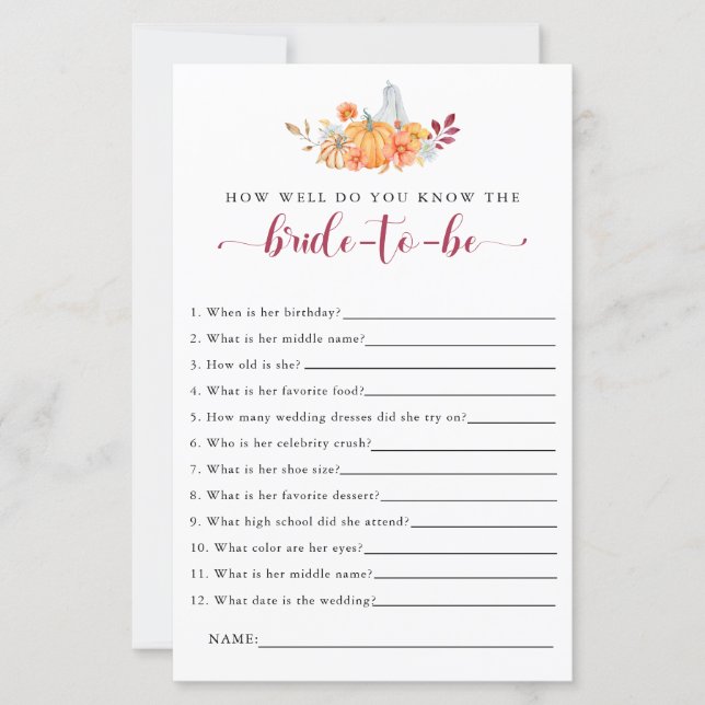 Fall Chá de panela Game Quão Bem Você Sabe Noiva? (Frente)