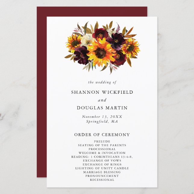 Fall Floral Sunflower Rustic Weding Program (Frente/Verso)