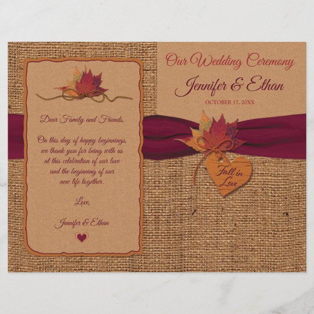 Fall in Love Burlap, Programa de Casamento Dobrado (Frente)