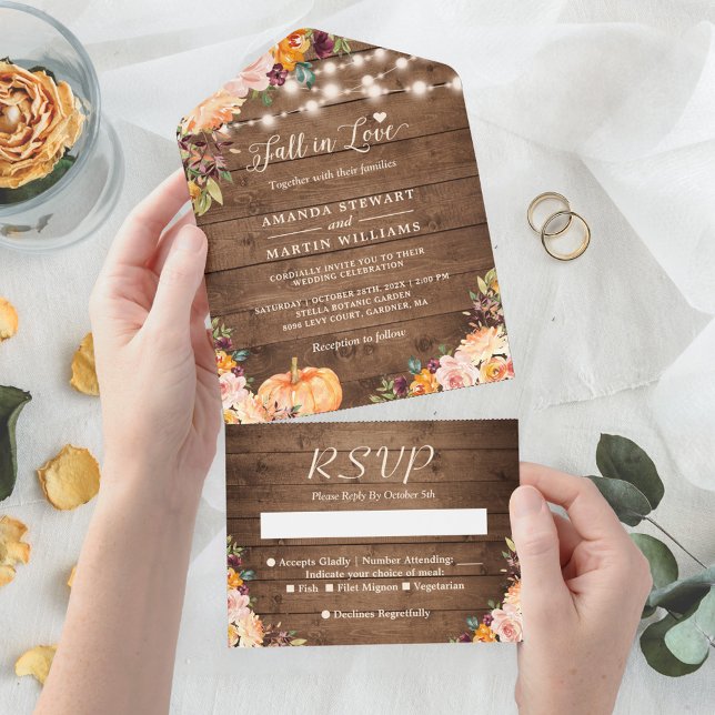 Fall in Love Rustic Autumn Floral Pumpkin Casament (Criador carregado)