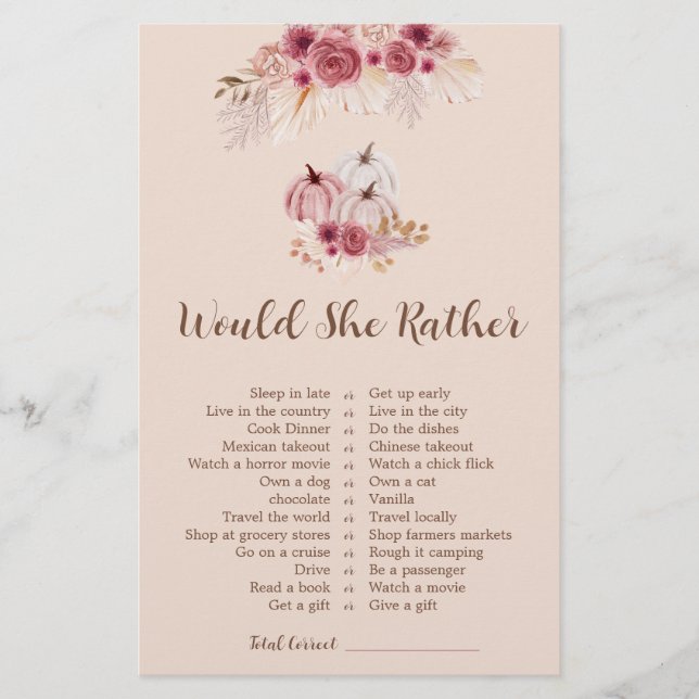 Fall In love Would She Rather Bridal Shower Game (Frente)