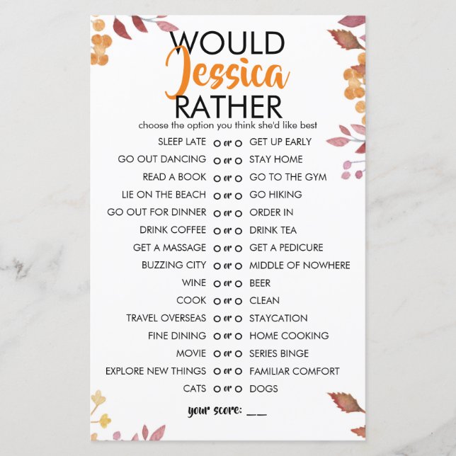 Fall Leaves Customisable Would She Rather Game (Frente)