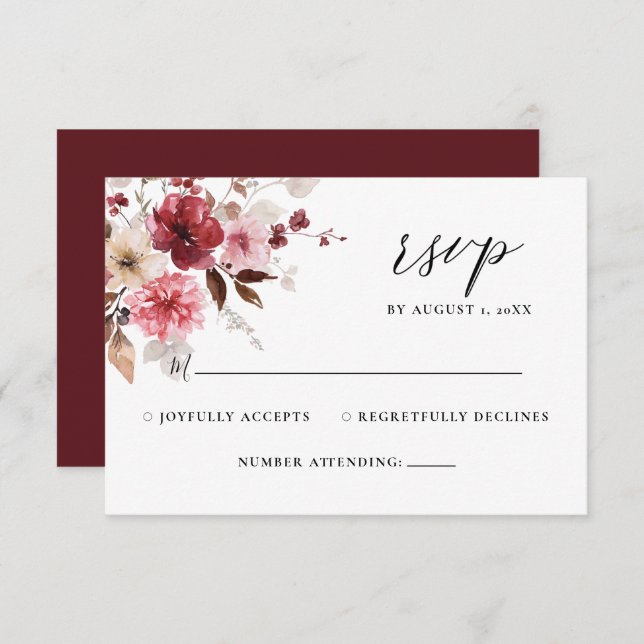 Fall Maroon Blush Rustic Floral Casamento RSVP (Frente/Verso)