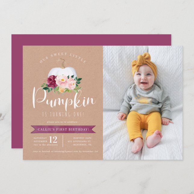 Fall Pumpkin Birthday Foto Convite Personalizado I (Frente/Verso)