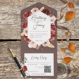 Fall Rust Floral Cocoa QR Code Todos em Um Convite