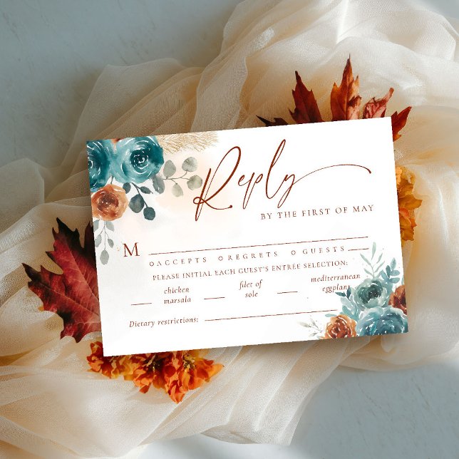 Fall Teal Burnt Orange Boho Meal Casamento RSVP (fall in love wedding reply rsvp meal teal burnt orange terracotta watercolor floral botanical earthy)