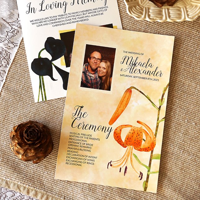 Fall Tiger Lily Ceremony Program (Wedding Ceremony Program with Orange Tiger Lily and Dark Blue Calla Lilies, Fall Wedding Colors)