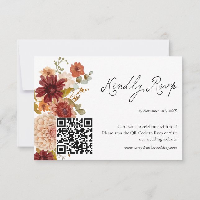 Fall Wildflower Boho QR Code Rsvp Card (Frente)