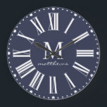 Família Azul Moderna Nome Grande Relógio<br><div class="desc">Modern Farmhouse Blue Family Name Large Clock - Bold e moderno relógio de fazenda apresenta seu monograma e nome. Nosso modelo de alta qualidade torna tão simples personalizar seu relógio. Nosso relógio faria um belo presente para ser precioso por anos. O relógio faz parte de uma coleção. Projetada por Beverly...</div>
