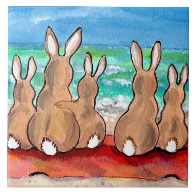 Família Beach Bunnies em Blanket, Trivet de Azulej (Frente)