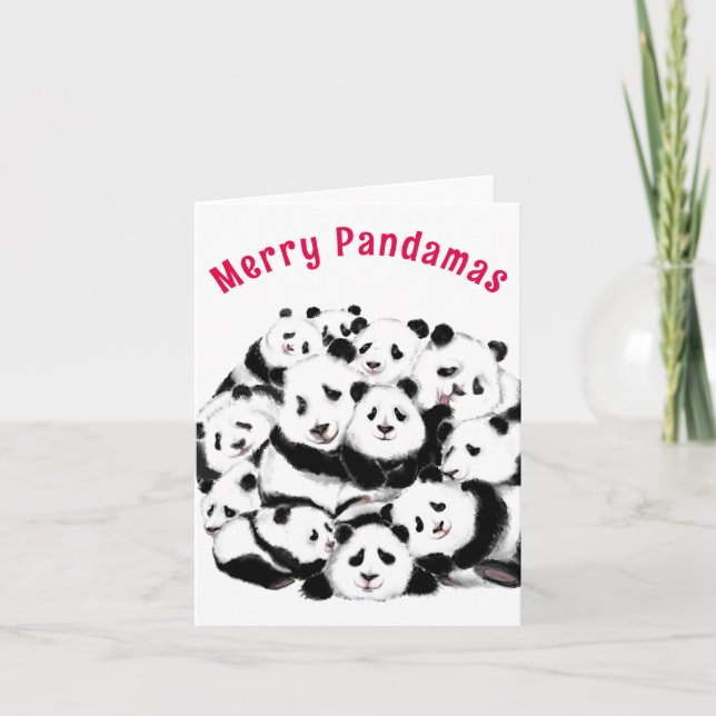 Família de Pandas Felizes com Cartão de Natal - Pi (Frente)