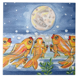 Família de peixes e Trivet de Azulejo Azul Lua de 