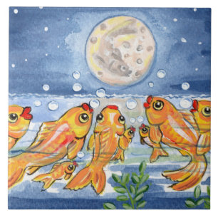 Família de peixes e Trivet de Azulejo Azul Lua de