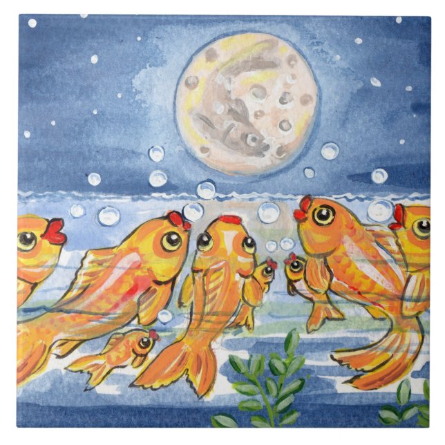 Família de peixes e Trivet de Azulejo Azul Lua de  (Frente)