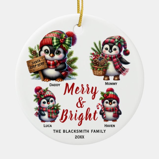 Família de pinguins de quatro ornamentos cerâmicos (Frente)