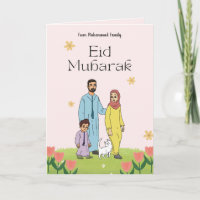 Família e Gato Muçulmanos de Cartão Eid Mubarak Pe