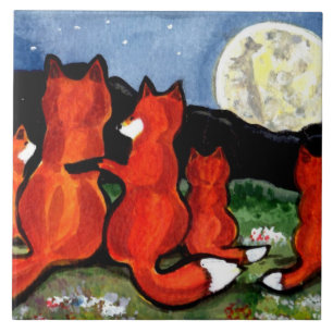 Família Fox Assistindo Trivet Azulejo Azul Lua Es