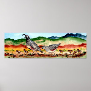 Família Quail com Peeps Southwestern Art Poster