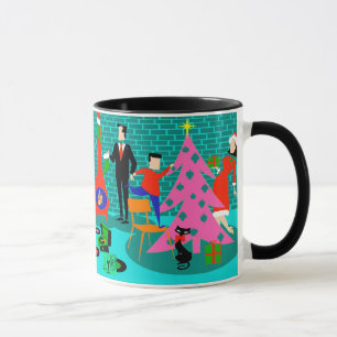 Família retro que apara a caneca da árvore de