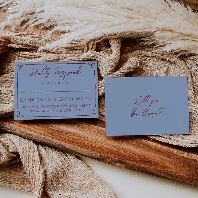 Fancy Deep Red Blue Frame Whimsy Wedding RSVP (Criador carregado)