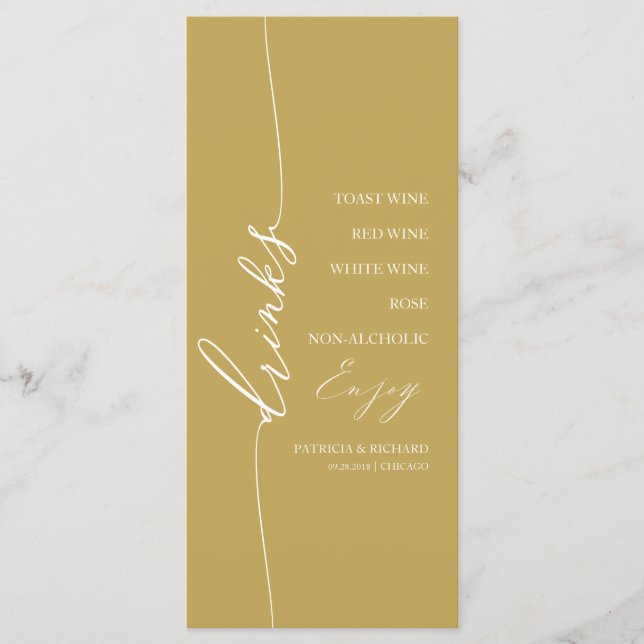 Fancy Gold 4x9 Wedding Drink Menu Card For Plate (Frente)