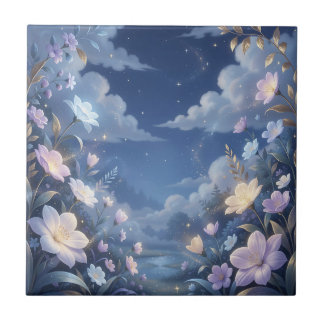 Fantasia de Estrelas no Céu Noturno Floral Roxo
