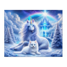 Fantasia de inverno com um belo Unicórnio e Kitten