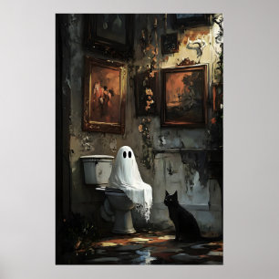 Fantasma com gato preto em impressão de vaso sanit