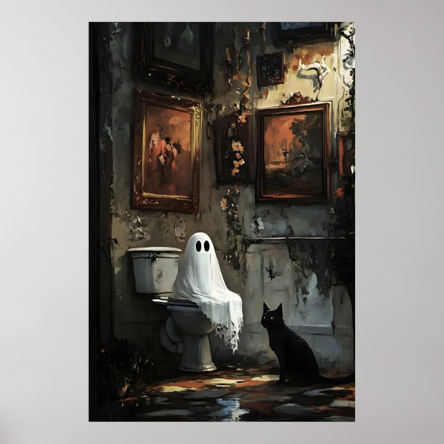 Fantasma com gato preto em impressão de vaso sanit (Frente)