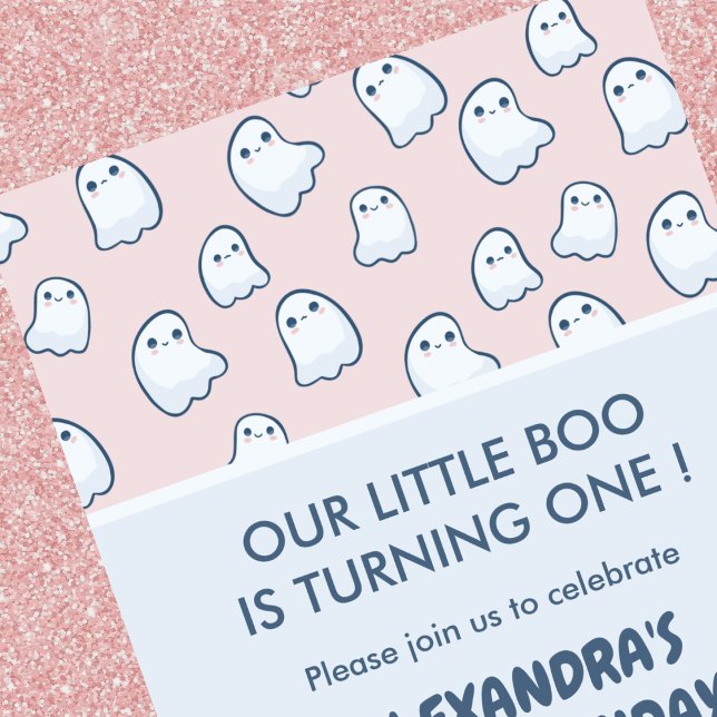 Fantasma cor-de-rosa dos convites para primeiros a (Halloween 1st birthday invitations pink ghost 1)