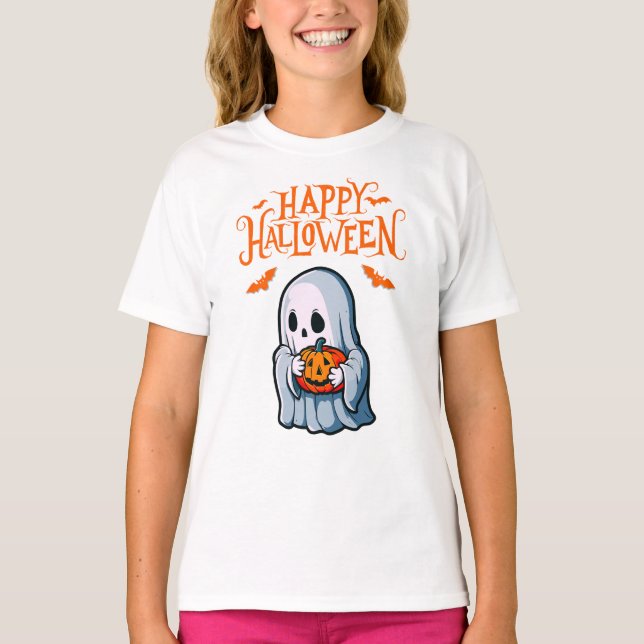 Fantasma de Halloween com camiseta de abóbora (Frente)