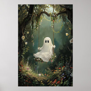 Fantasma fofo em balanço em impressão de floresta