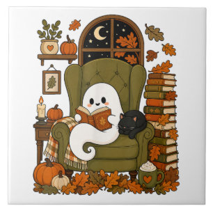 Fantasma Fofo Lendo Livro Gato Preto Outono Abóbor