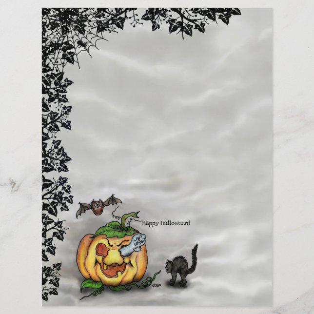 Fantasma, Gato, Bat e Pumpkin, Feliz Halloween! (Frente)