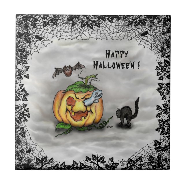 Fantasma, Gato, Bat e Pumpkin, Feliz Halloween! (Frente)