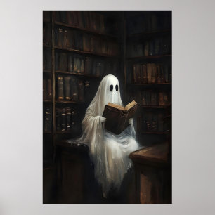 Fantasma lendo livros na impressão da biblioteca,