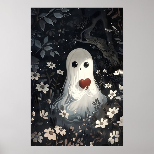Fantasma segurando coração em impressão de madeira (Frente)