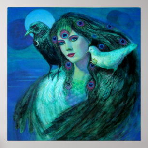 Fantasy Art Poster Peacock Feather Lady bird Corpo