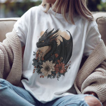 Fantasy Black Dragon & Floral Art T Shirt