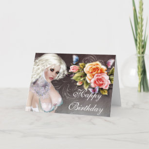 Fantasy Blona com Rosa Aniversário Cartão 1