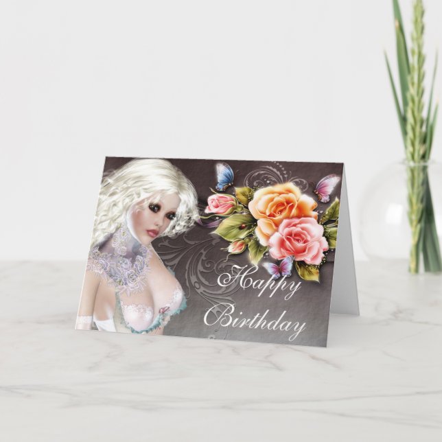Fantasy Blonde com Cartão de Aniversário de Rosas (Frente)