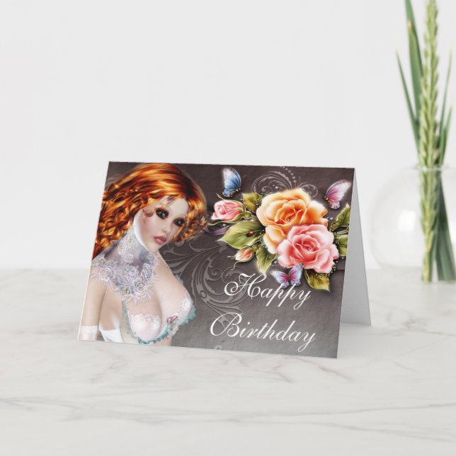 Fantasy Redhead com cartão de aniversário de Rosas (Frente)