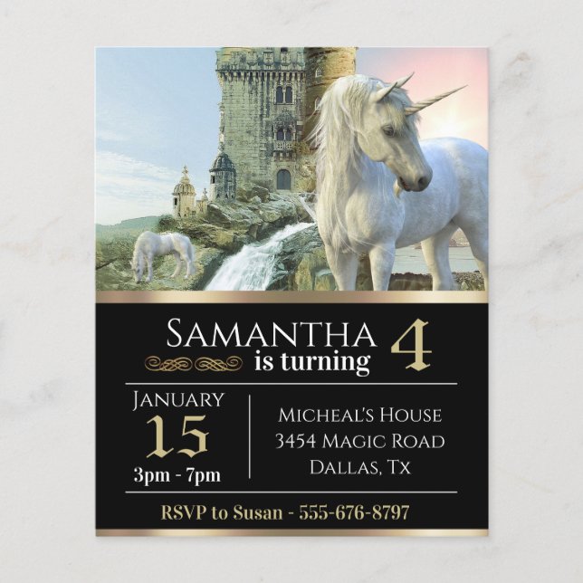 Fantasy Unicorn Medieval Castle Metallic Birthday (Frente)