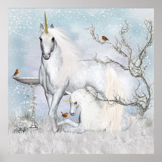 Fantasy Unicorns Com Robins Wall Poster (Frente)
