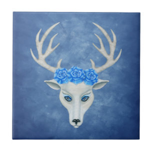 Fantasy White Head of a Deer Antlers Rosa Blue