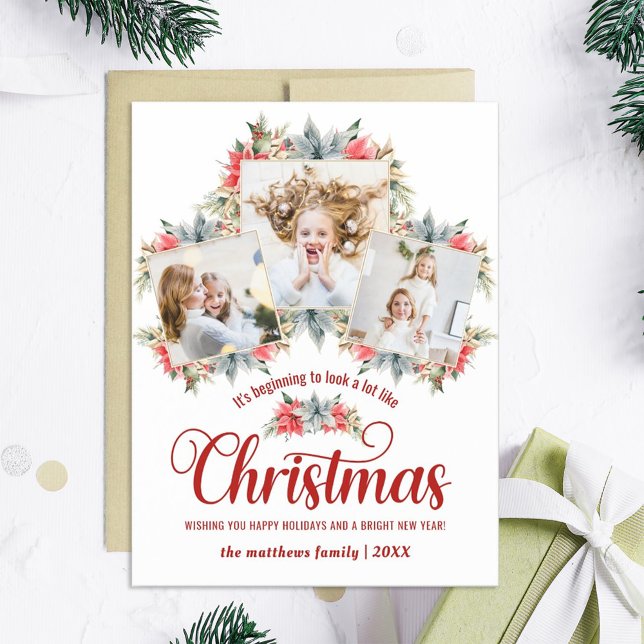 Farmhouse Poinsettia 3 Cartão Magnético de Colagem (Criador carregado)