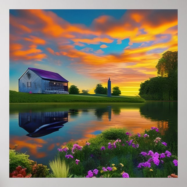 Farmhouse Purple Telhado Pond em Sunrise Poster (Frente)