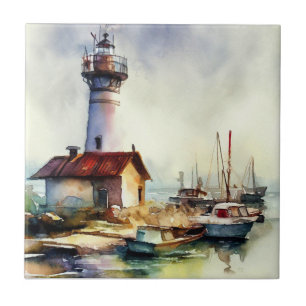 Farol e barcos Arte a Aquarela