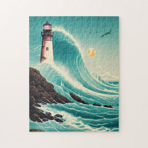 Farol em meio a Quebra-cabeça de Ondas de Estrada